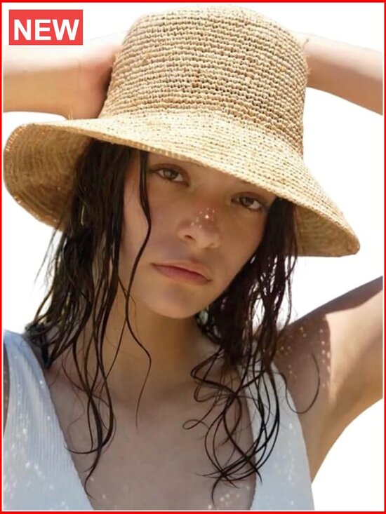 Handwoven Natural Raffia Straw Bucket Sun Hat Foldable Wide Brim UPF 50+ main image 5